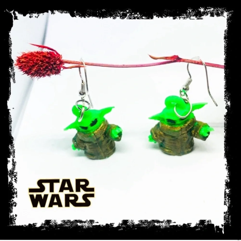 New S925 Sterling Silver Handmade Baby Yoda Earrings 3D Printed Hand Painted